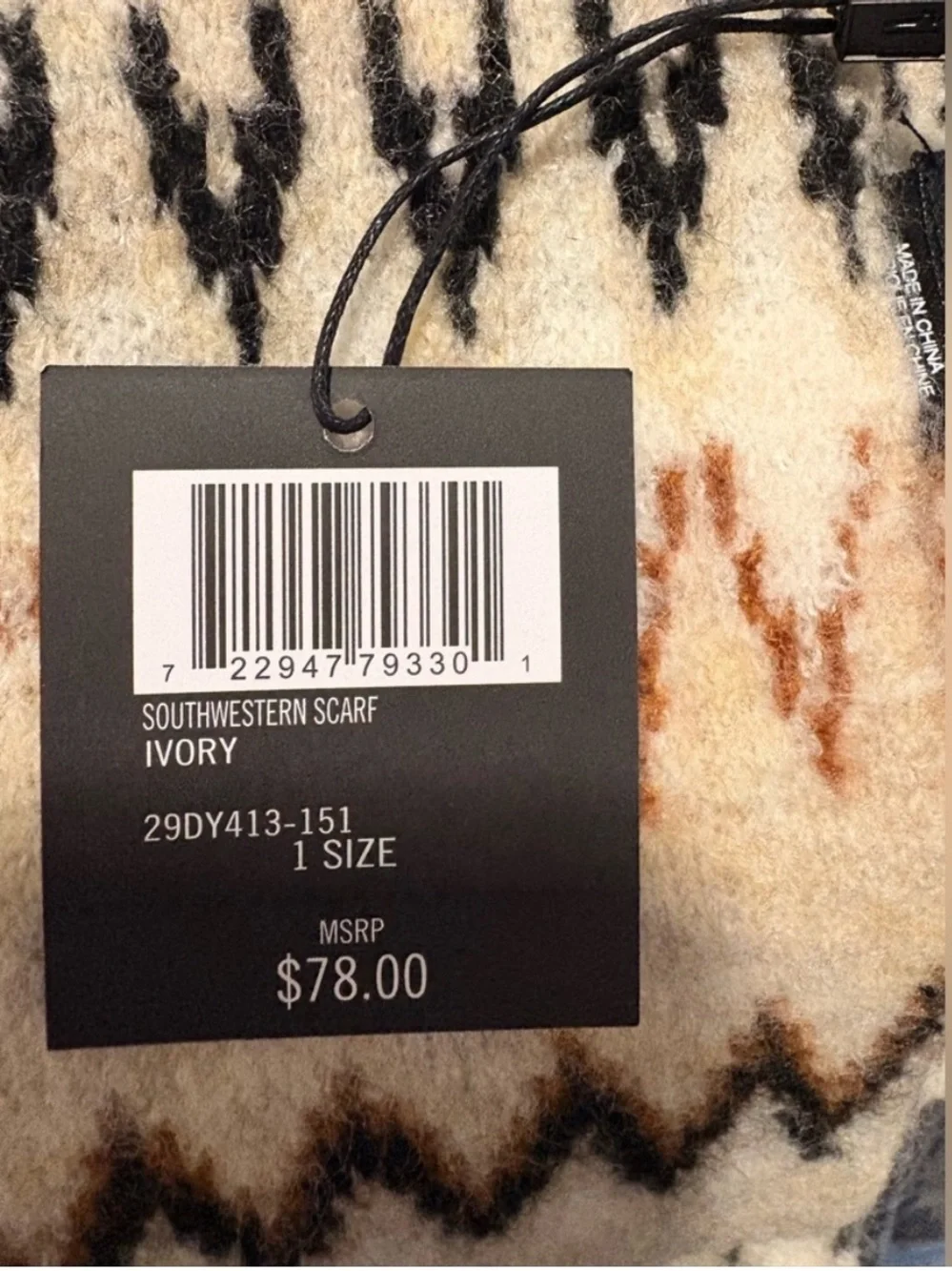 NEW Frye Scarf Ivory Knit with Southwestern Black and Brown Zigzag Pattern Cozy